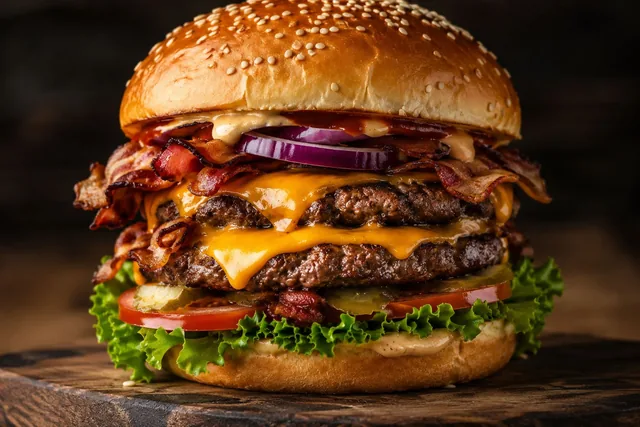 Dubbel hamburgare med cheddar, bacon, sallad, tomat och rödlök