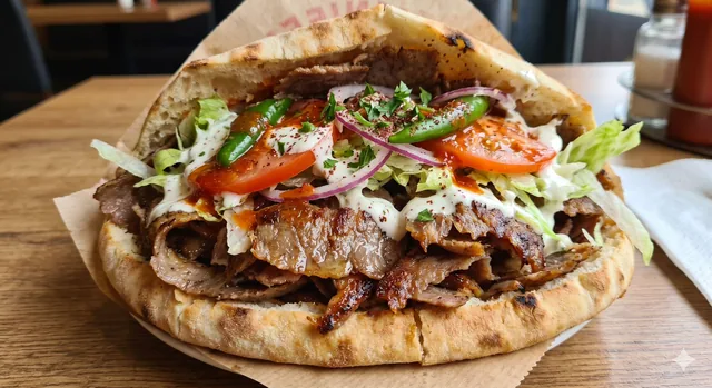 Kebab i bröd med isbergssallad, tomat, rödlök och vitlökssås