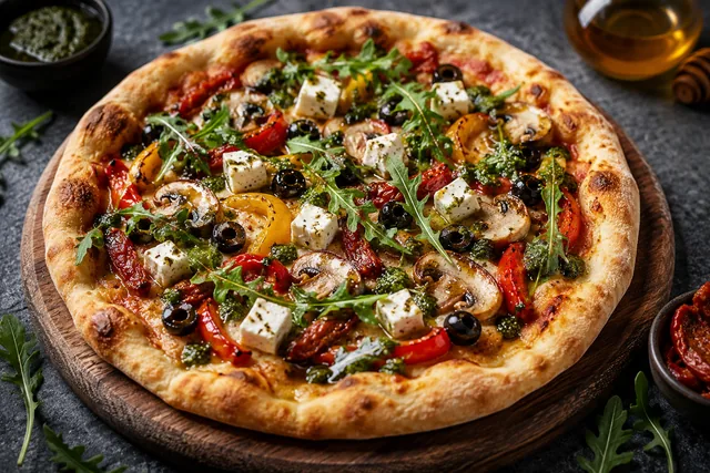 Nygräddad pizza med fetaost, oliver, paprika och ruccola