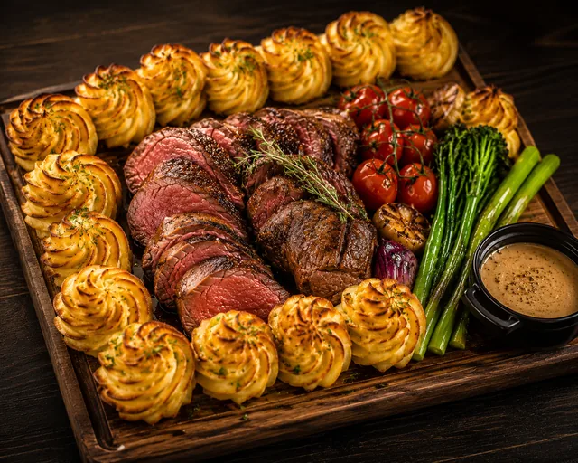 Husets planka med skivad oxfilé, potatismos, grillade grönsaker och bearnaisesås